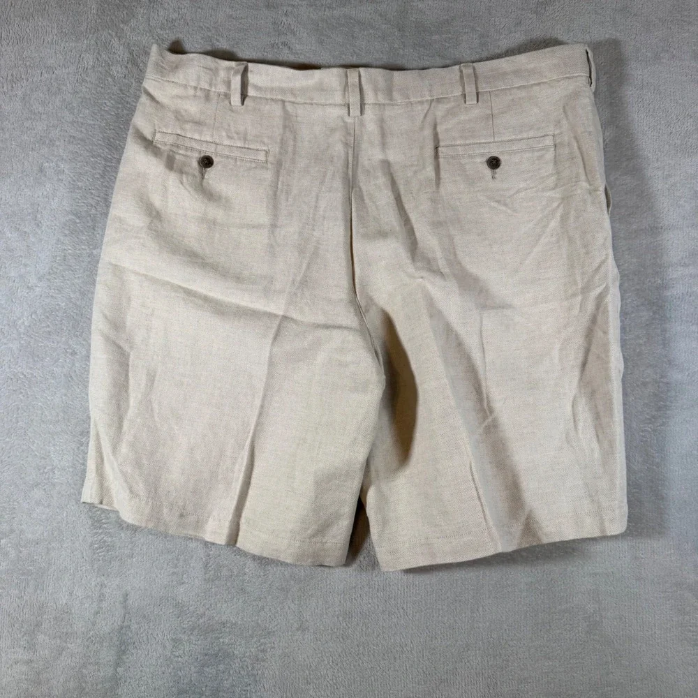 Caribbean Mens Pleated Linen Cotton Blend Shorts Beige Oatmeal 42 Herringbone